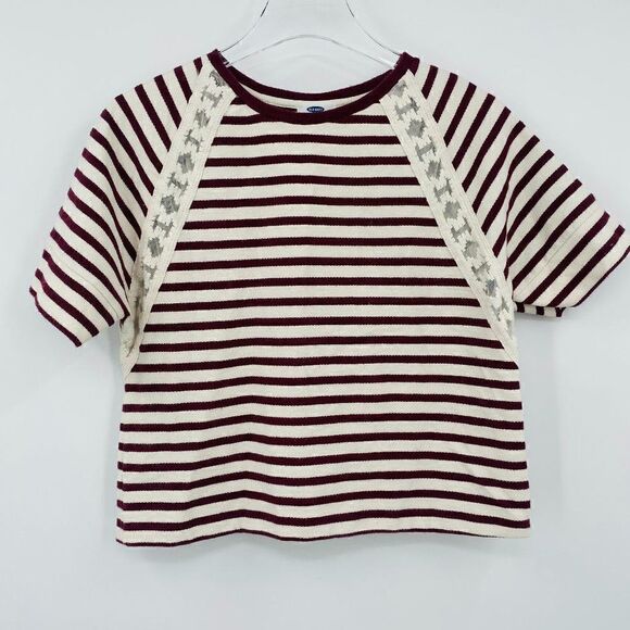 Old Navy Size XS Cream & Maroon Striped Lace Inset Short Sleeve Boxy Top - Picture 1 of 7